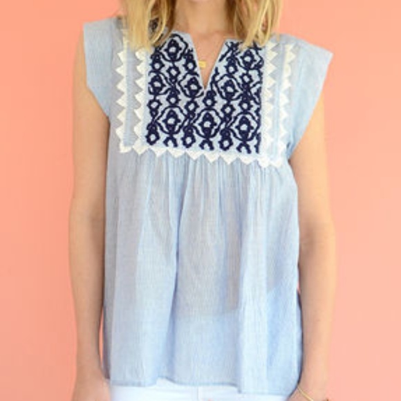 THML Tops - THML | Embroidered striped bib sleeve v-neck top S